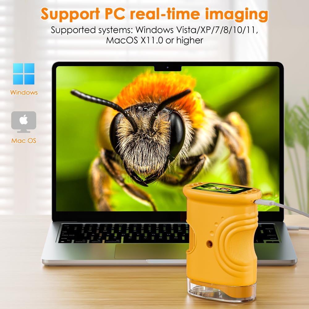 Temodu Kids Microscope 2.0" Screen 1000X Digital Microscope for Kids, Mini Pocket Handheld Microscopes for Children Birthday Festival Gift, Science Education Fun Toys for Boys Girls Ages 4-12 (Yellow)