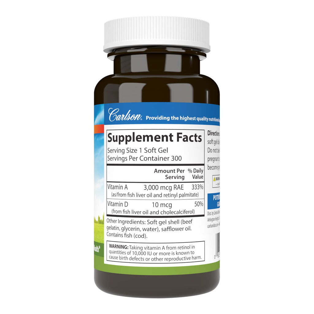 Carlson A & D, 10000 IU (3000 mcg RAE), Vitamin A, 300 Soft Gels