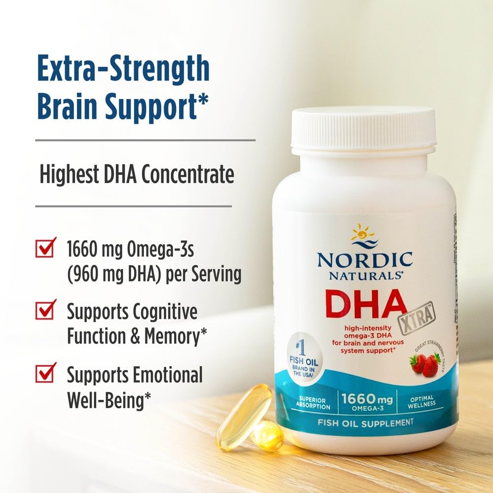 Nordic Naturals DHA Xtra, Strawberry - 60 Soft Gels - 1660 mg Omega-3 - High-Intensity DHA Formula for Brain & Nervous System Support - Non-GMO - 30 Servings