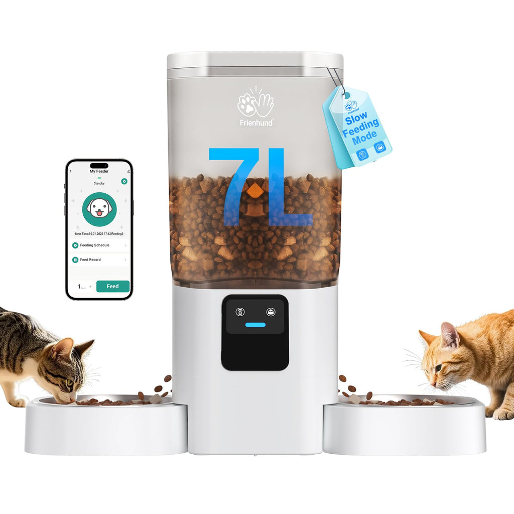 Frienhund Automatic Cat Feeder 2 Cats with Slow Feed: Dual Automatic Dog Feeder with 5G WiFi, Cat Food Dispenser with APP Control for Multiple Pets, Detachable for Easy Clean, Double Pet Bowl - 29 Cup