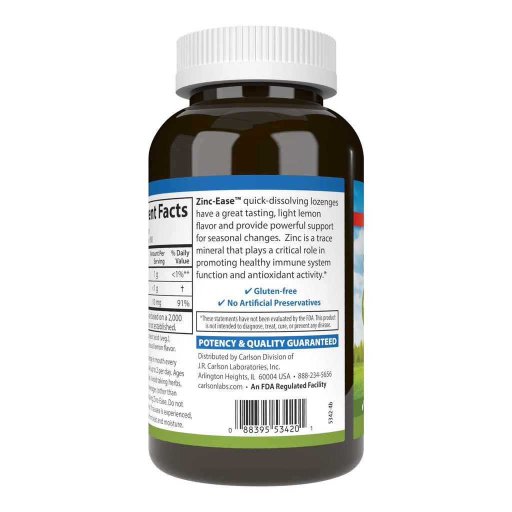 Carlson Zinc-Ease, Soothing Lozenge, Zinc Citrate, Lemon, 180 Lozenges