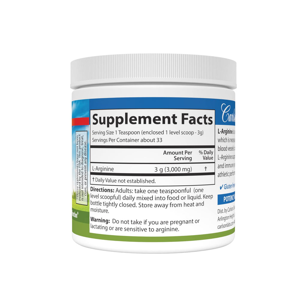 Carlson L-Arginine Powder, Free Form, Circulatory Health 3.53 oz (100 g)