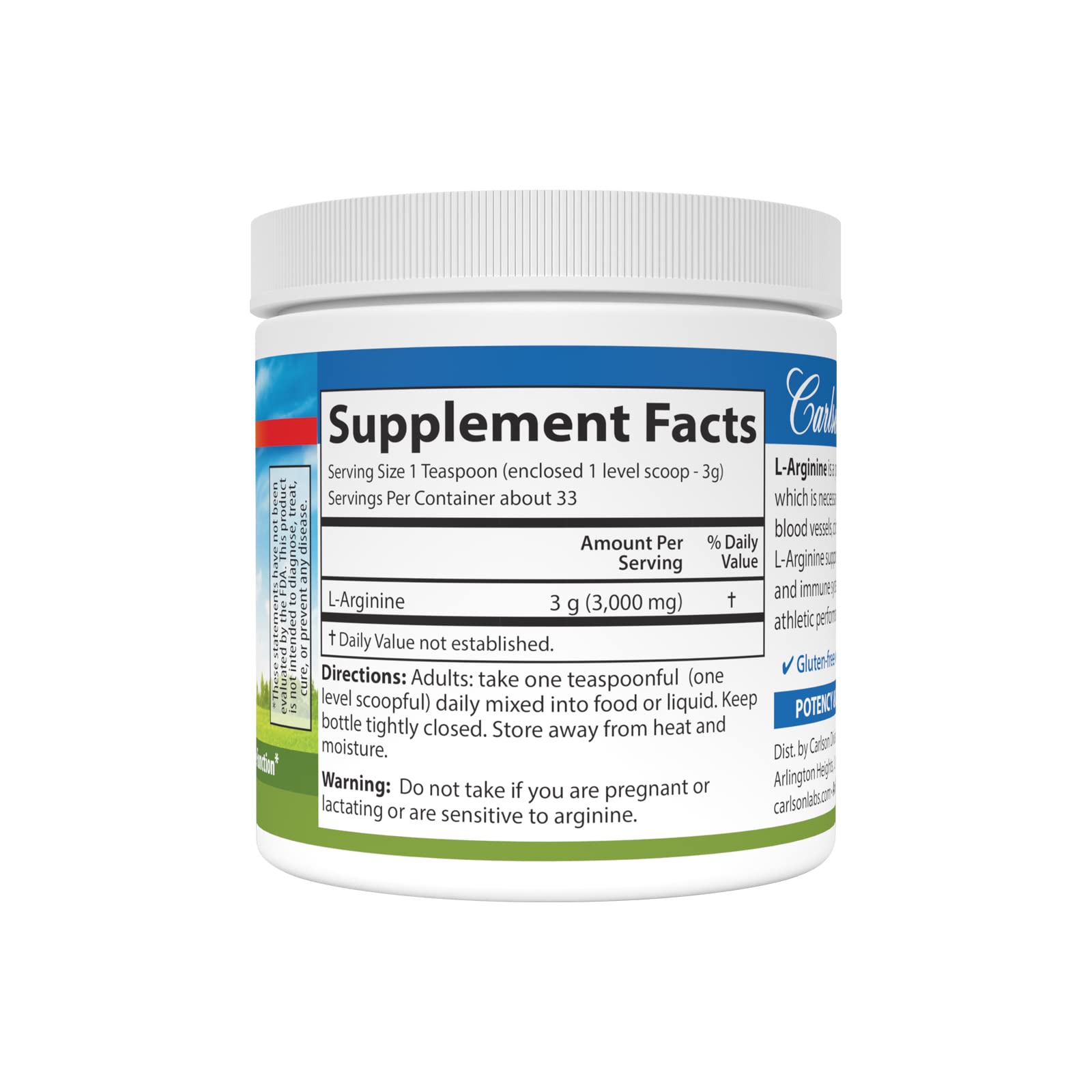 Carlson L-Arginine Powder, Free Form, Circulatory Health 3.53 oz (100 g)