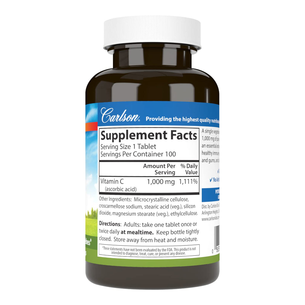 Carlson Vitamin C 1,000 mg (1 g), Pure Vitamin C, 100 Tablets