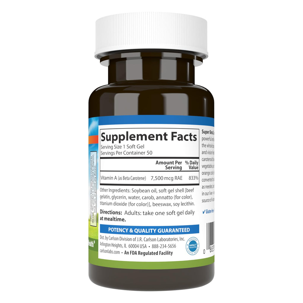 Carlson Laboratories Super Beta Carotene-25,000 IU (7,500 mcg RAE) 50 Softgel