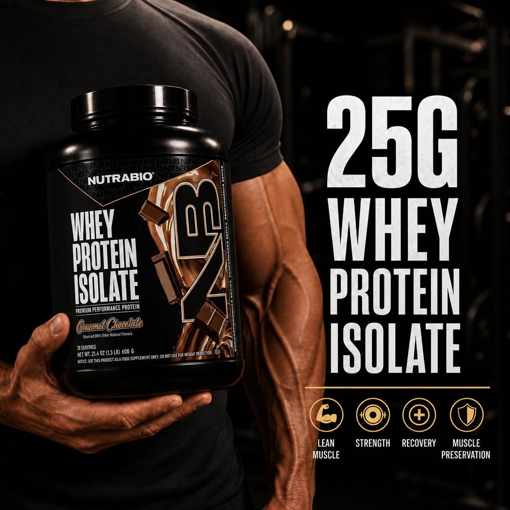NutraBio 100% Whey Protein Isolate Protein Powder, 25g Protein with Complete Amino Acid Profile, Non-GMO, Soy & Gluten Free, Low Carb, Low Calorie Whey Protein Powder, Gourmet Chocolate, 20 Servings