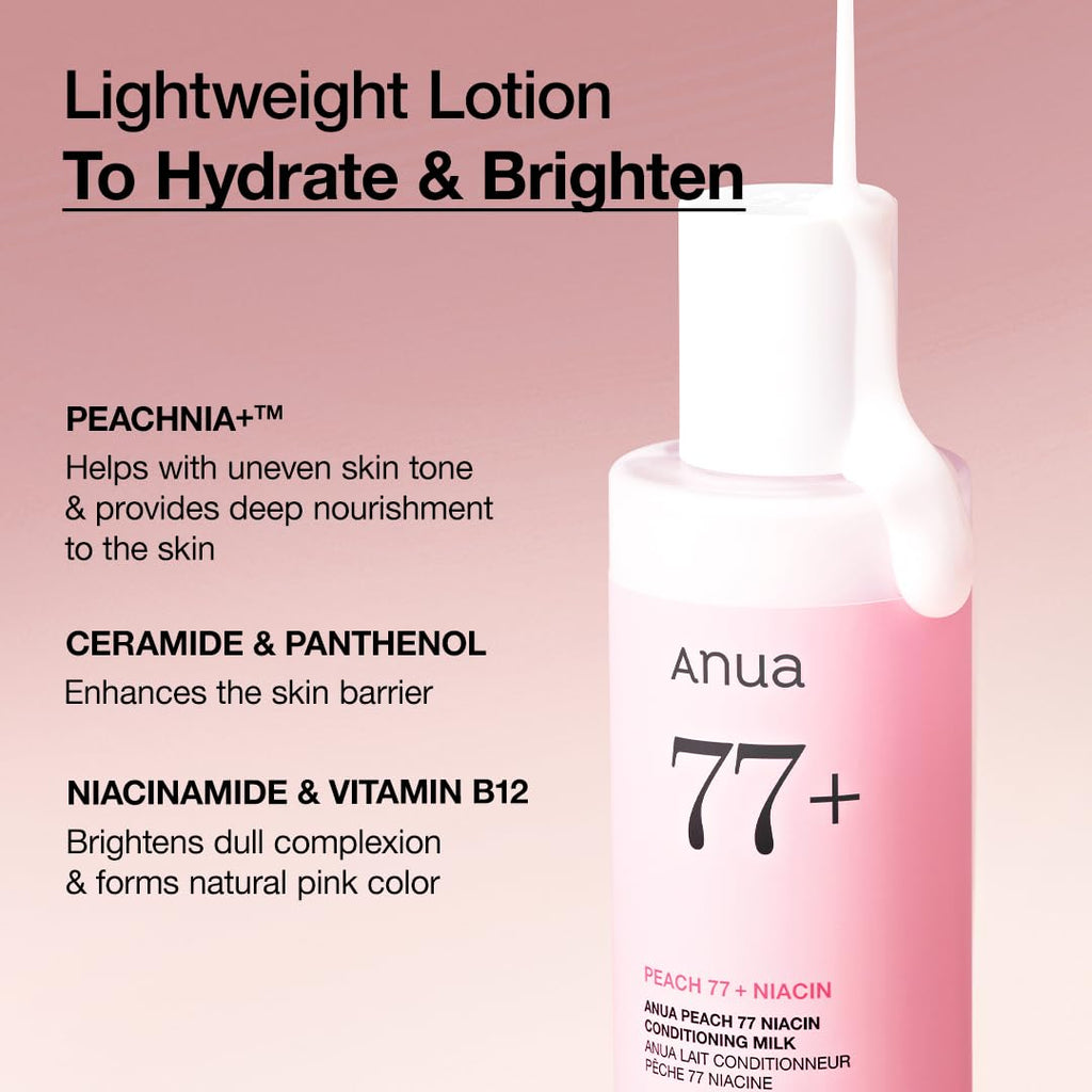 Anua Peach Niacinamide Conditioning Lotion, Face moisturizer with Vitamin B12 & Hyaluronic Acid for glass skin, Brightening & Hydration for Dry Skin, korean skin care, 5.07 fl.oz.