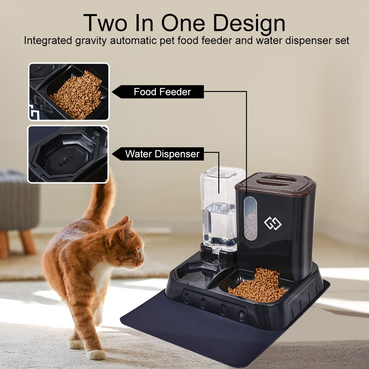 Gravity Cat Feeder & Automatic Water Dispenser – 3-in-1 Cat Feeding Station with Absorbent Feeding Mat, Spill-Proof Automatic Cat Feeder for Indoor Cats, Small Dogs & Multi-Pet Homes