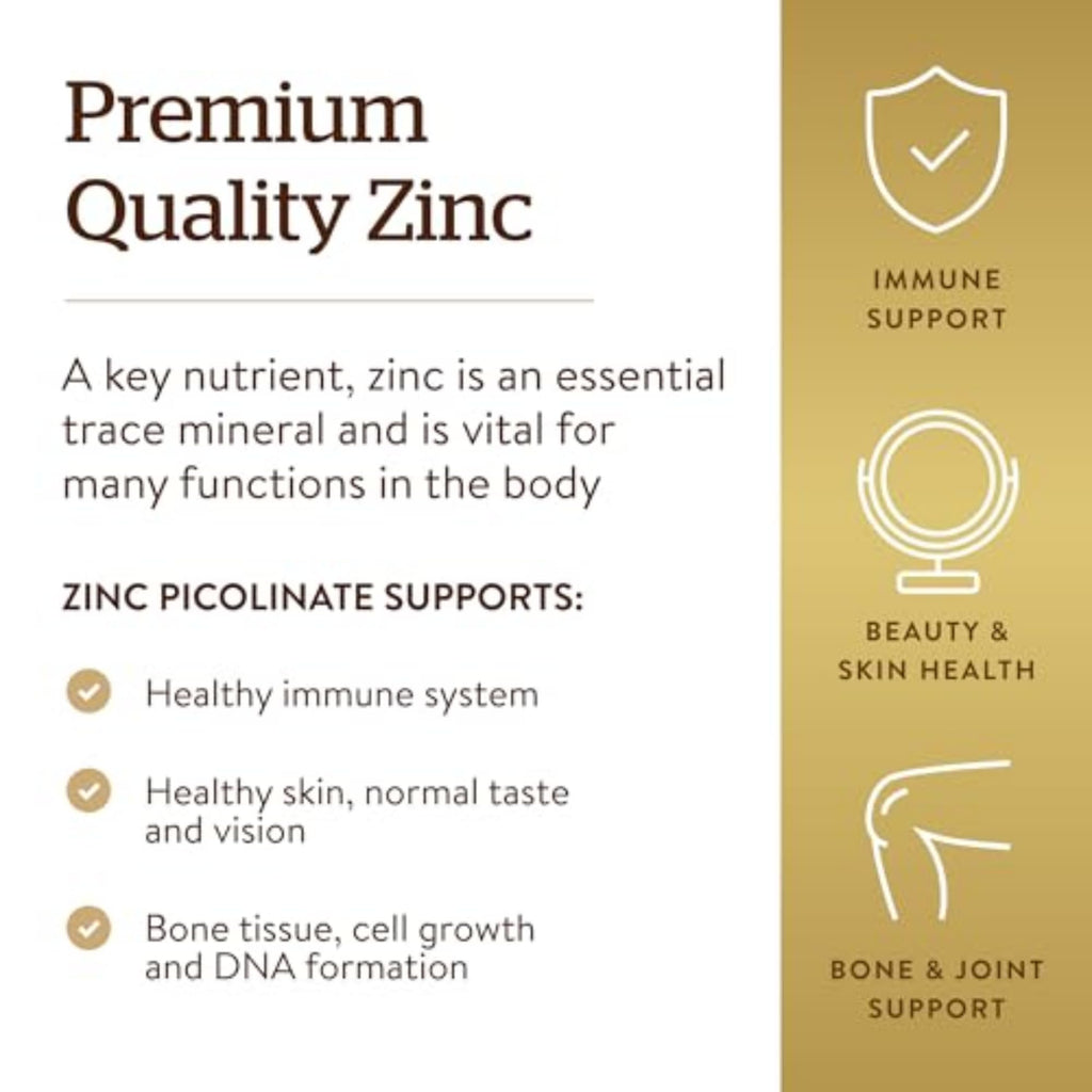Solgar Zinc Picolinate 22 mg, 100 Tablets - Promotes Healthy Skin - Supports Immune System, Normal Taste & Vision - Antioxidant – Non-GMO, Vegan, Gluten Free, Kosher - 100 Servings