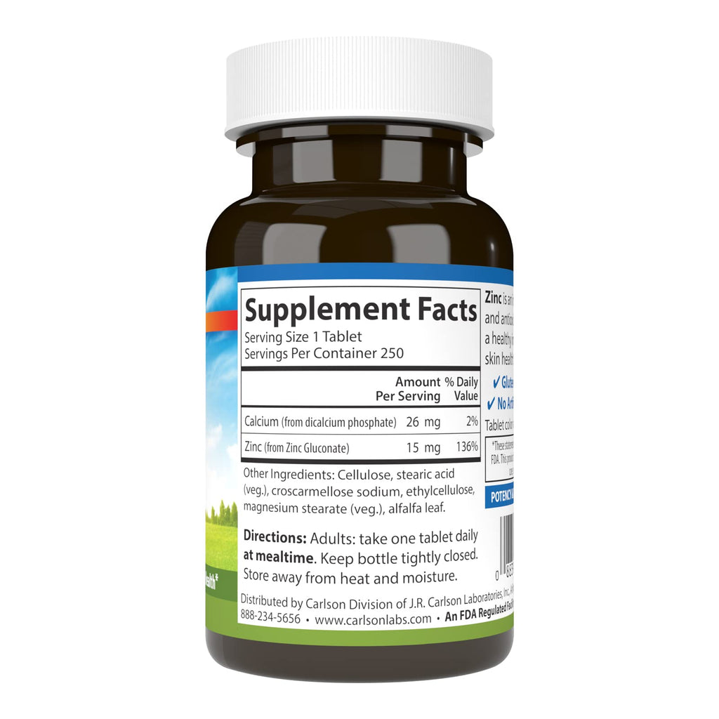 Carlson Zinc, 15 mg, Zinc Supplement, Zinc Gluconate, 250 Tablets