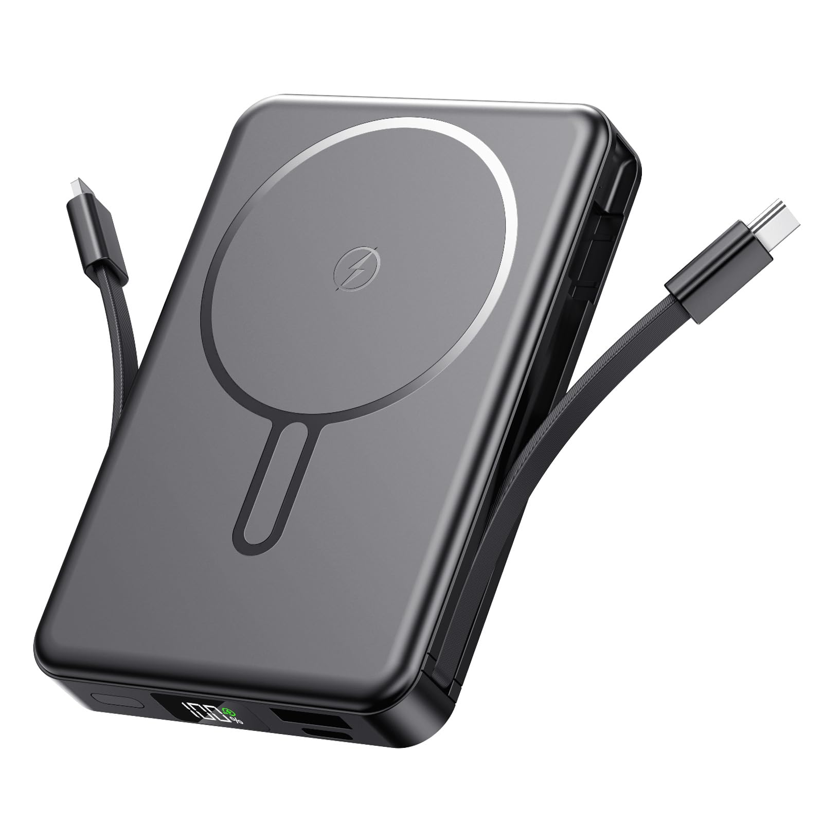 Magnetic Portable Charger, Power Bank Fast Charging 22.5W 10000mAh, Portable Charger with Built in Cable, for Magsafe Battery Pack Compatible with iPhone 17/16/15/14/13/12 Pro/Pro Max, Samsung Black