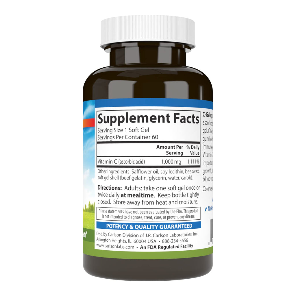 Carlson C-Gels, 1000 mg (1 g), Vitamin C Softgels, 60 Softgels