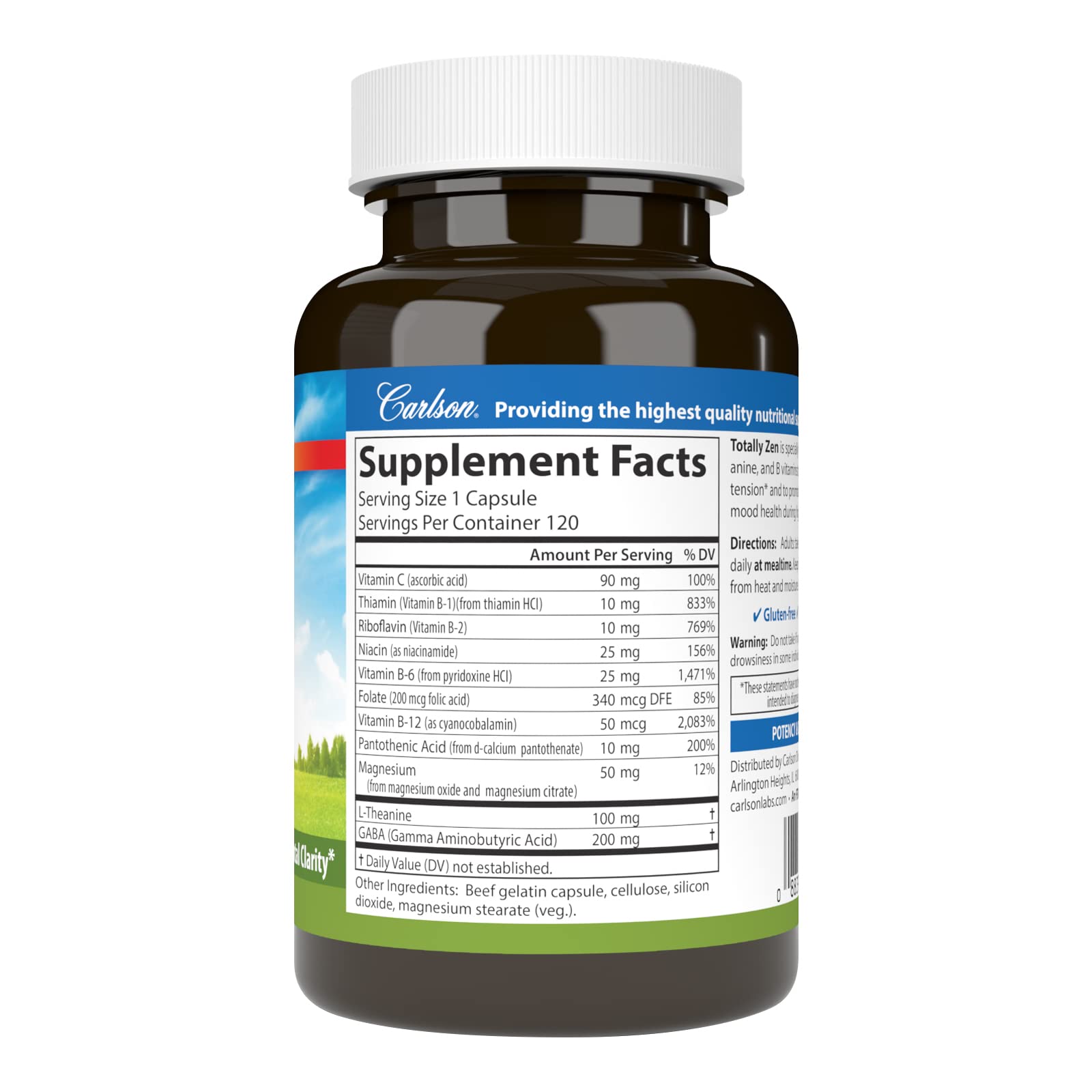 Carlson Totally Zen, GABA, L-Theanine, 120 Capsules