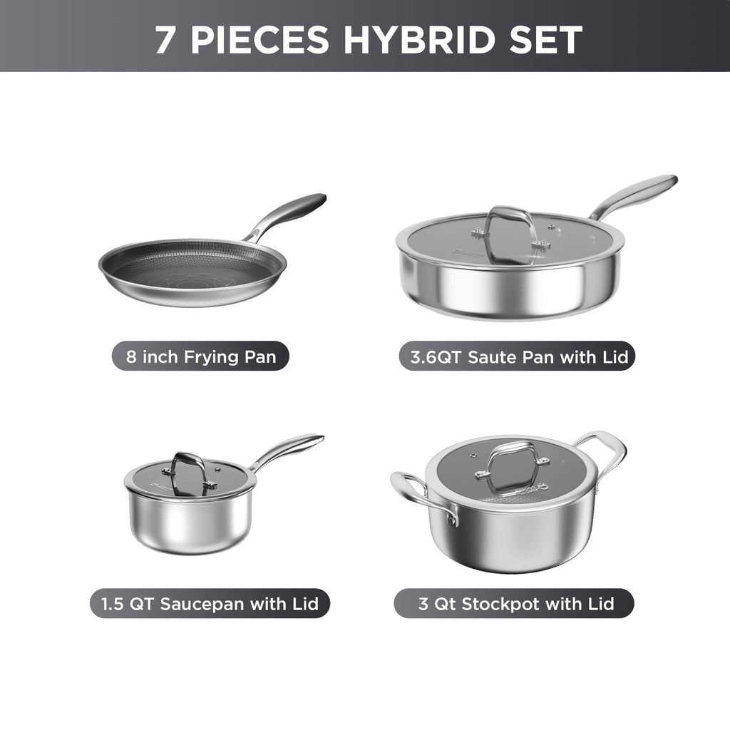 COOKER KING 7pcs Stainless Steel Cookware Set, Hybrid Pots and Pans Set