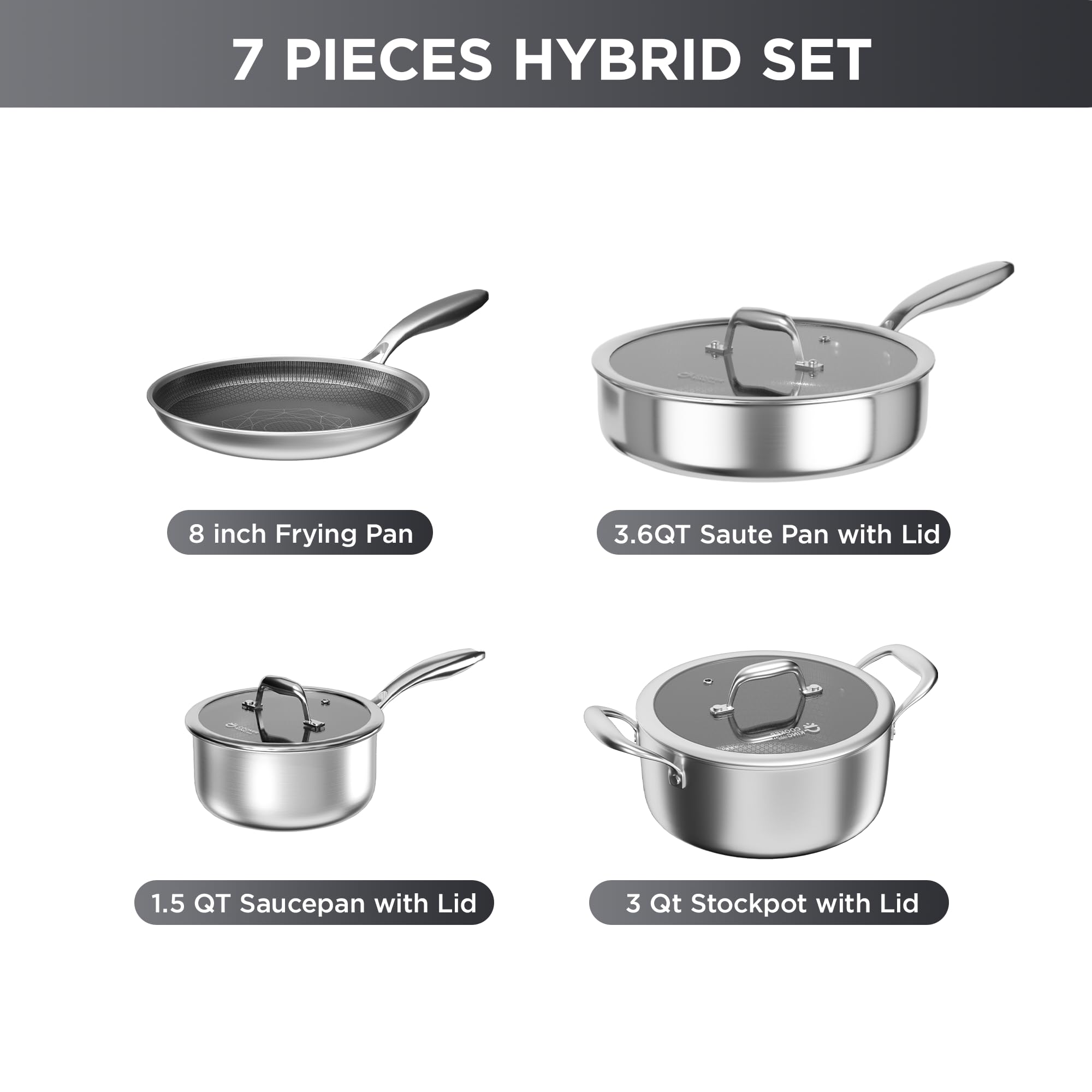COOKER KING 7pcs Stainless Steel Cookware Set, Hybrid Pots and Pans Set