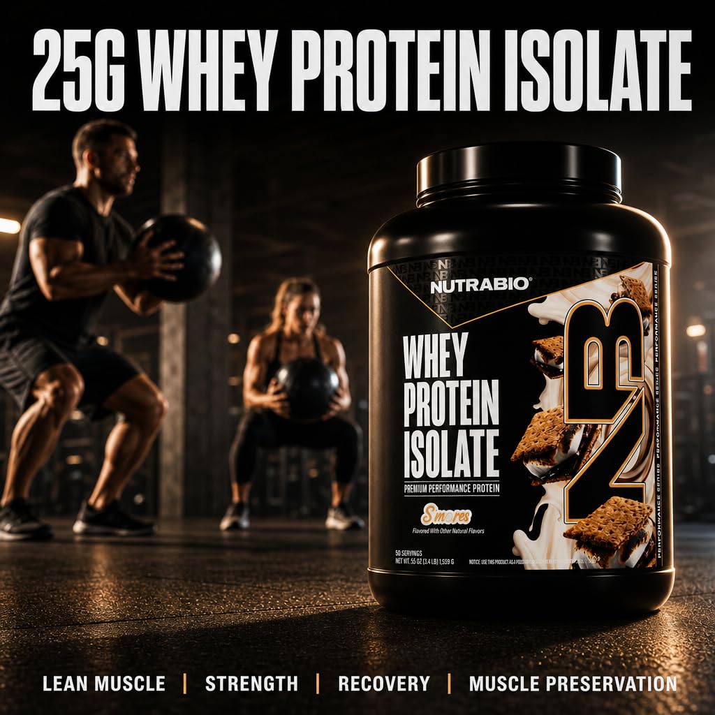 NutraBio 100% Whey Protein Isolate Protein Powder, 25g Protein with Complete Amino Acid Profile, Non-GMO, Soy & Gluten Free, Low Carb, Low Calorie, S'Mores, 50 Servings