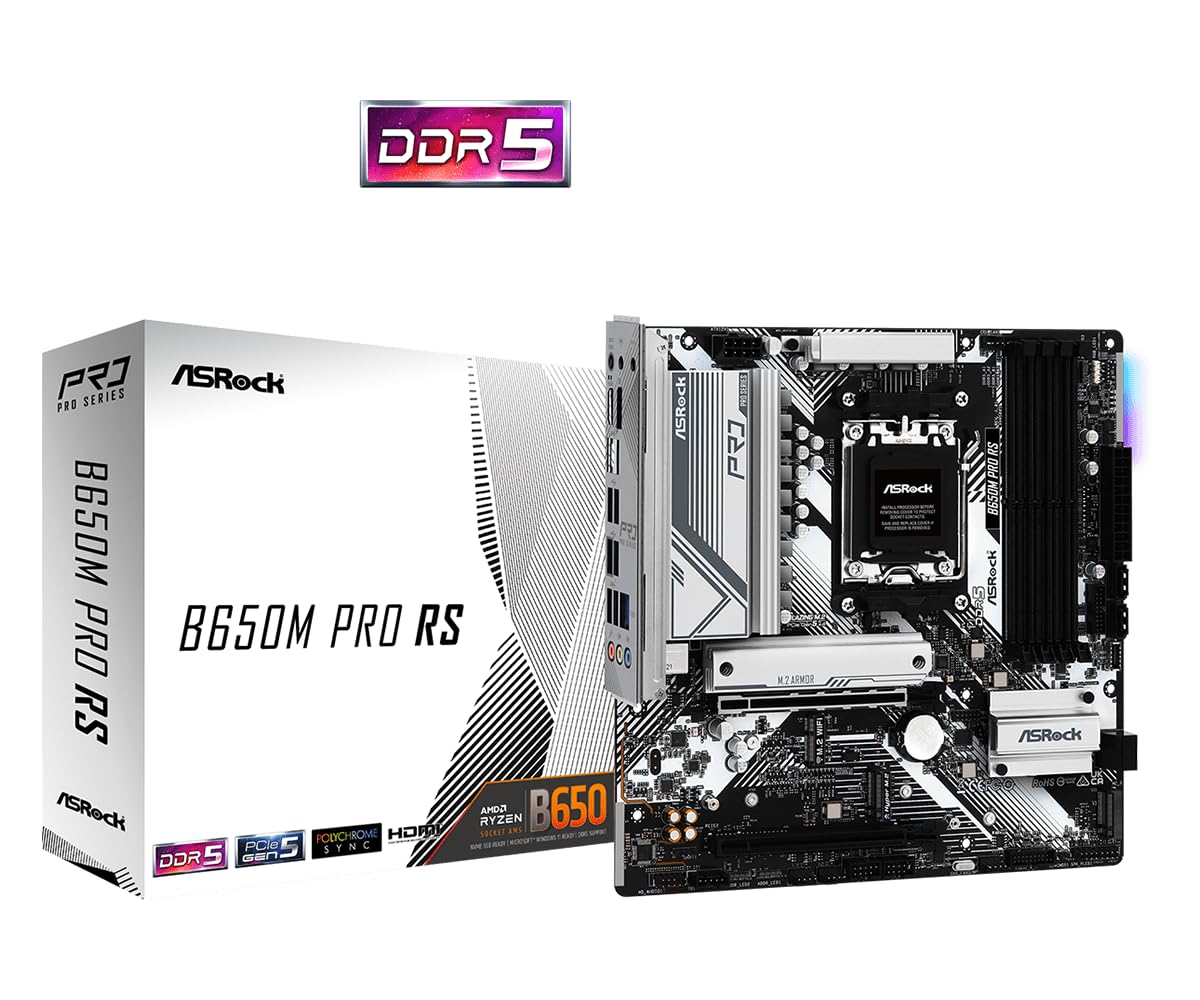 Asrock B650M Pro RS AMD Socket AM5 Ryzen 7000/8000/9000 Series DDR5 7200+ (OC) MHz 256GB M.2 Key E for WiFi SATA3 6.0 Gb/s Micro ATX Motherboard 2.5G LAN BIOS Flashback