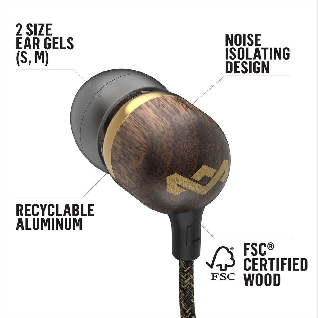 House of Marley Smile Jamaica AUX Wired Earbuds with Microphone, Noise-Isolating in-Ear Headphones, Tangle-Resistant Cable, 3.5mm Jack Sustainable (Brass)