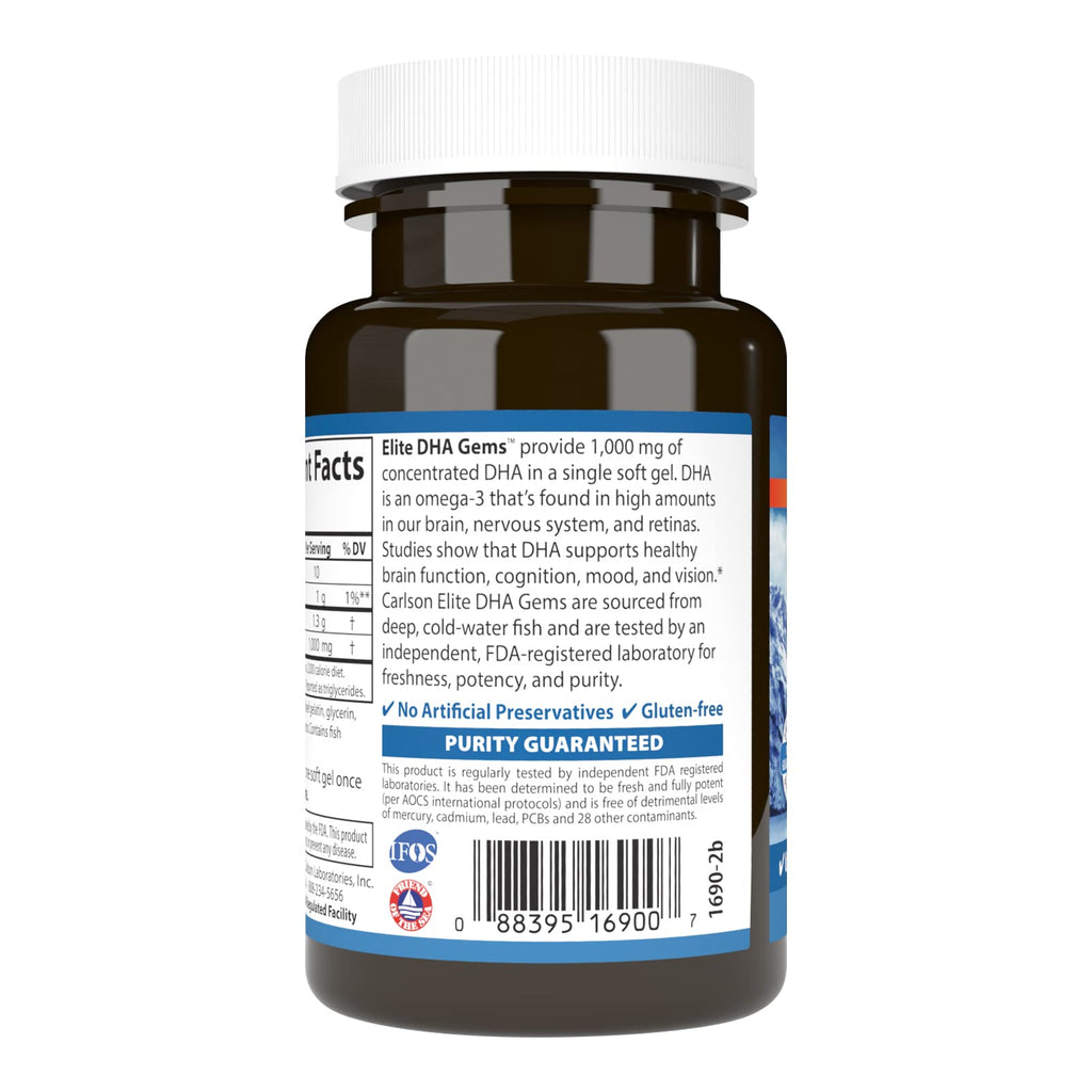 Carlson Elite DHA Gems, 1000 mg, DHA in a Single Soft Gel, 30 Soft Gels