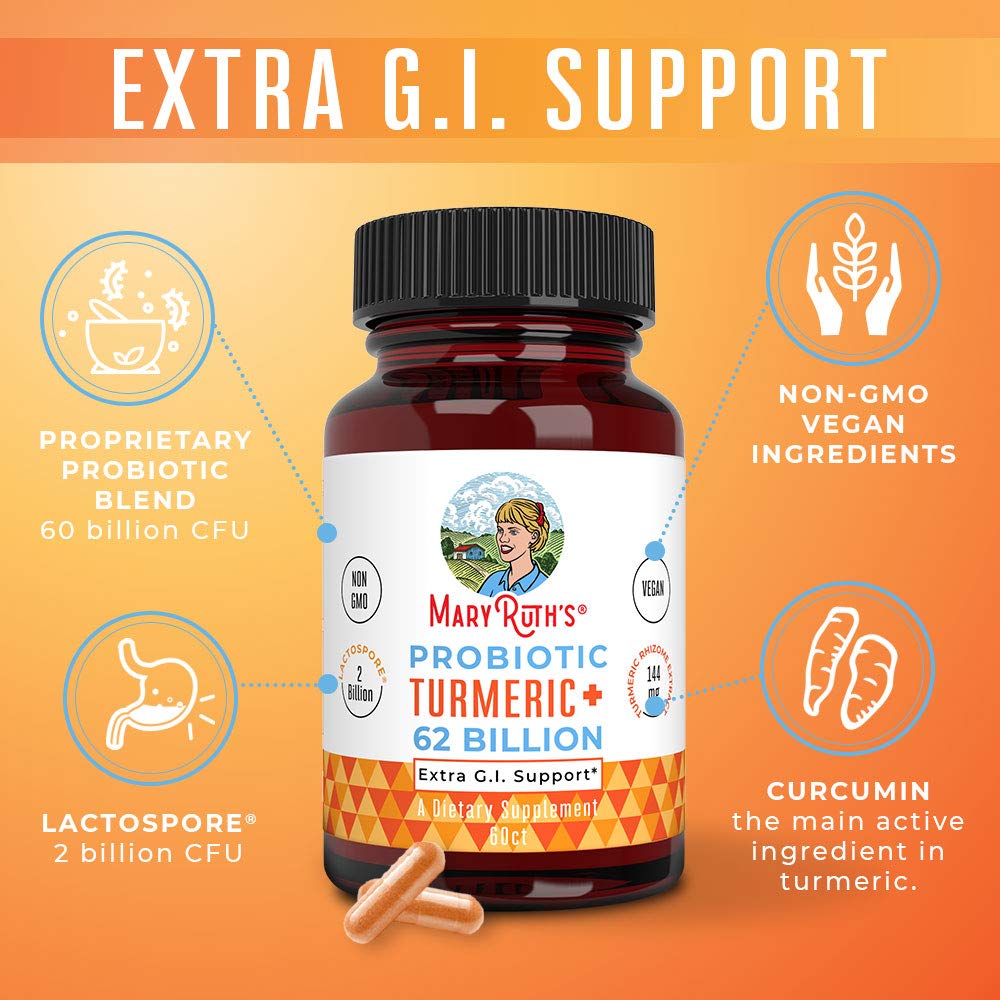 MARYRUTH'S Probiotic Turmeric Curcumin + Extra GI Support, Vegan, 60 Count