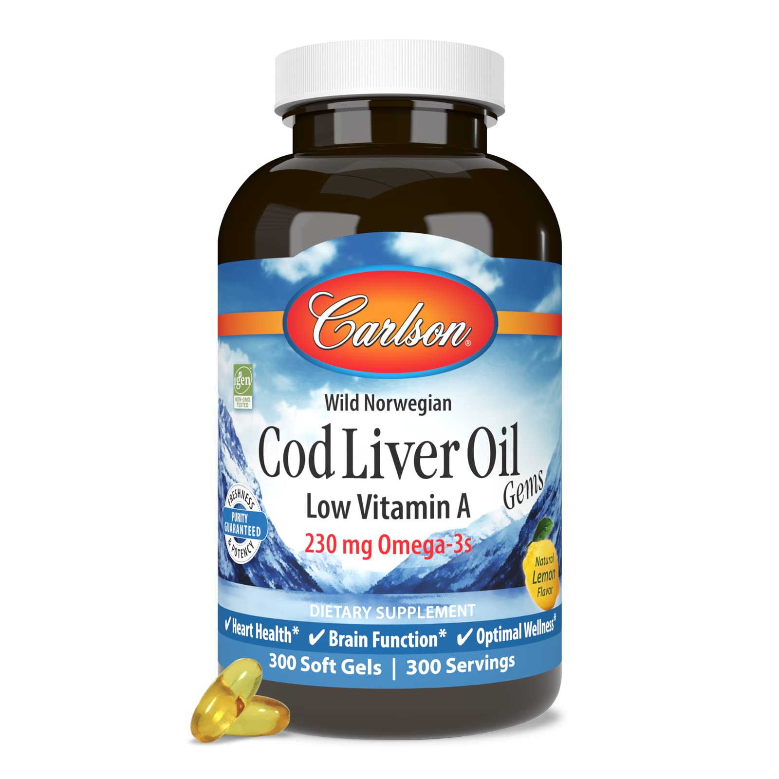 Carlson Cod Liver Oil Gems, Low Vitamin A, 230 mg Omega-3s, 300 Softgels