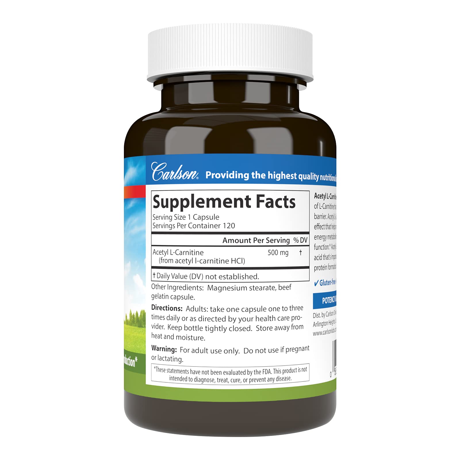 Carlson Acetyl L-Carnitine, 500 mg, 120 Vegetarian Capsules
