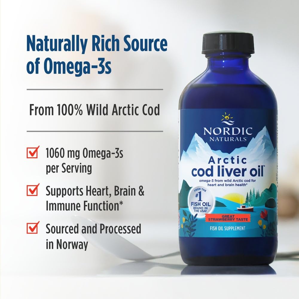 Nordic Naturals Arctic Cod Liver Oil, Strawberry - 8 oz - 1060 mg Total Omega-3s with EPA & DHA - Heart & Brain Health, Healthy Immunity, Overall Wellness - Non-GMO - 48 Servings