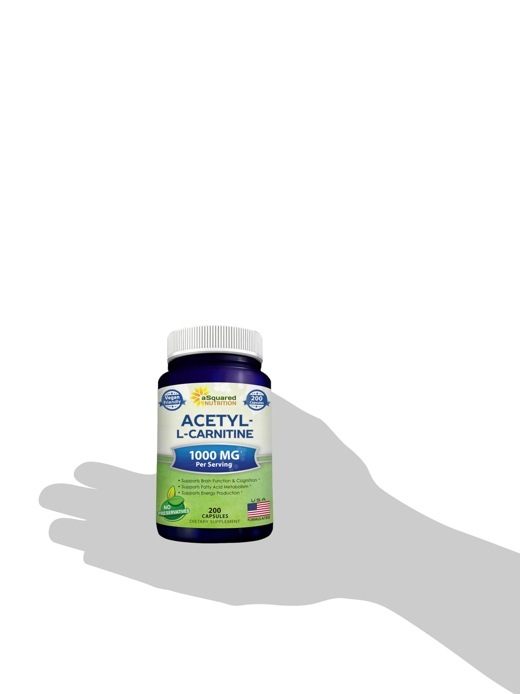 aSquared Nutrition Acetyl L-Carnitine 1000mg Per Serving Max Strength - 200 Veggie Capsules - High Dosage Acetyl L Carnitine HCL (ALCAR) Supplement Pills to Support Pure Energy, Brain Function