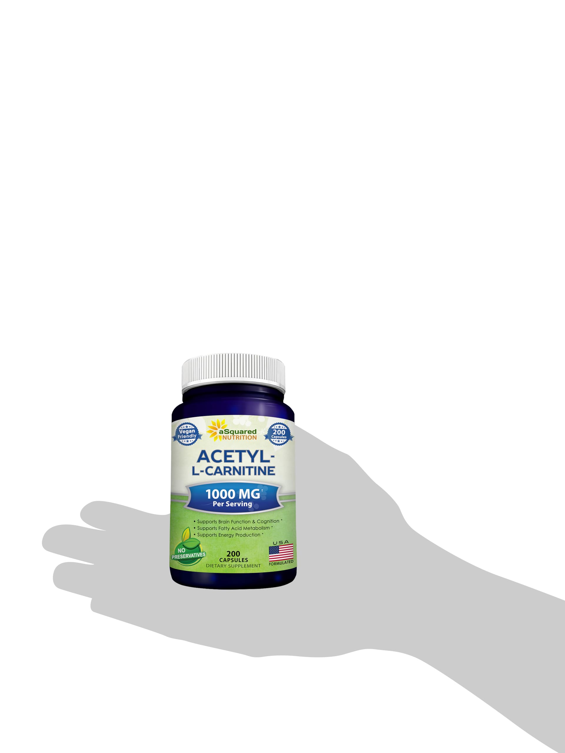 aSquared Nutrition Acetyl L-Carnitine 1000mg Per Serving Max Strength - 200 Veggie Capsules - High Dosage Acetyl L Carnitine HCL (ALCAR) Supplement Pills to Support Pure Energy, Brain Function
