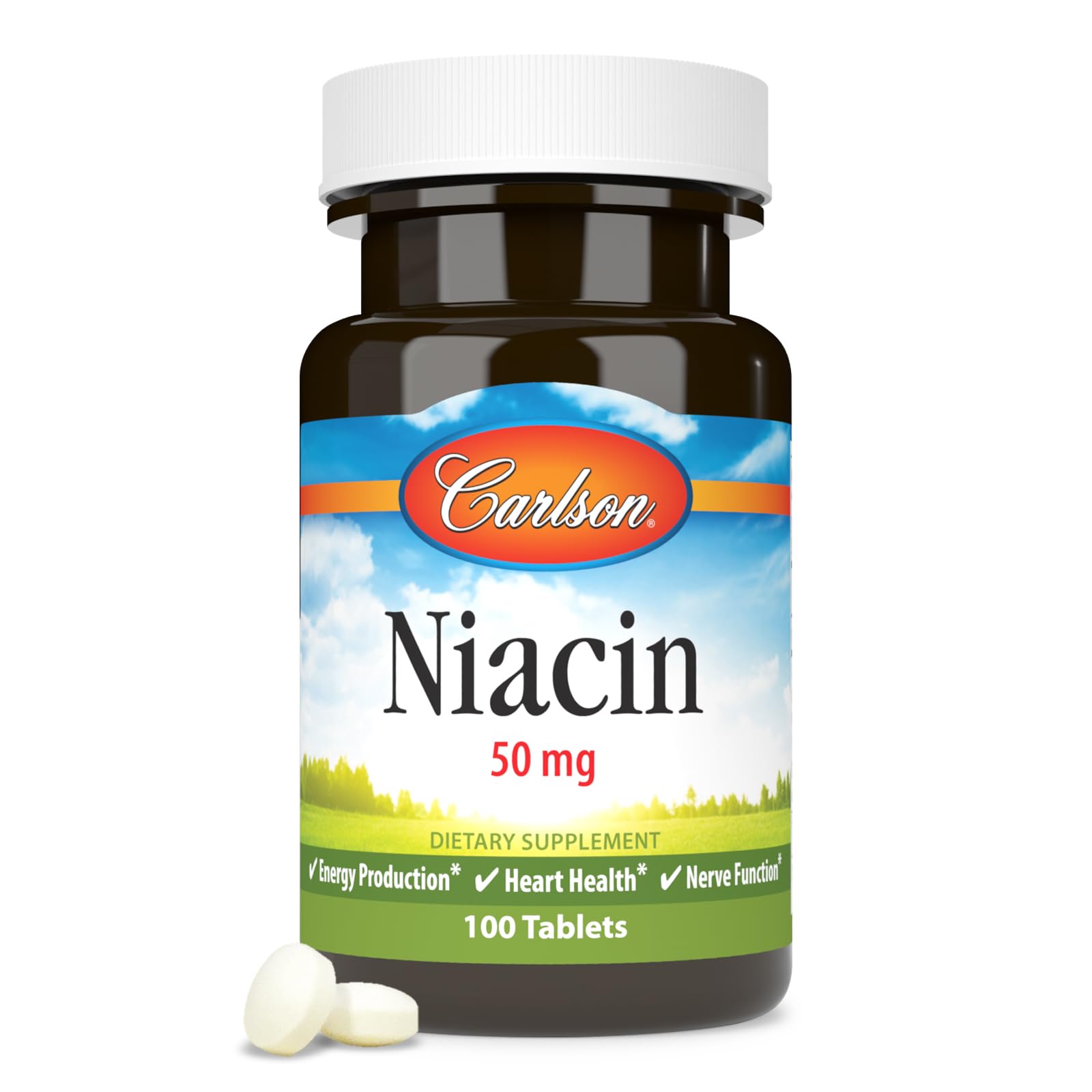 Carlson Niacin, 50 mg, Cholesterol Metabolism, Nerve Function, 100 Tablets