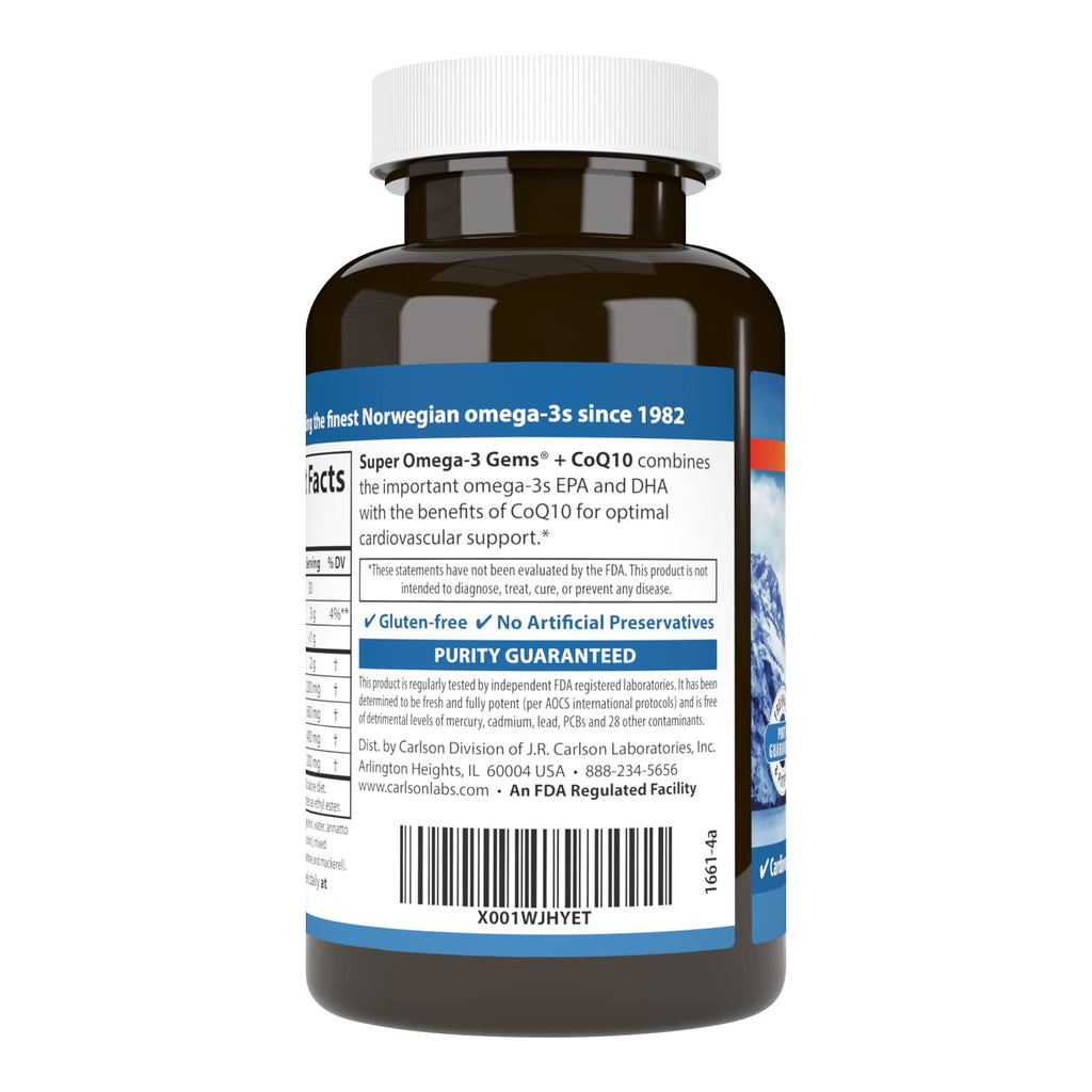 Carlson Super Omega-3 Gems + CoQ10, 1200 mg, Omega-3s, 60 Softgels