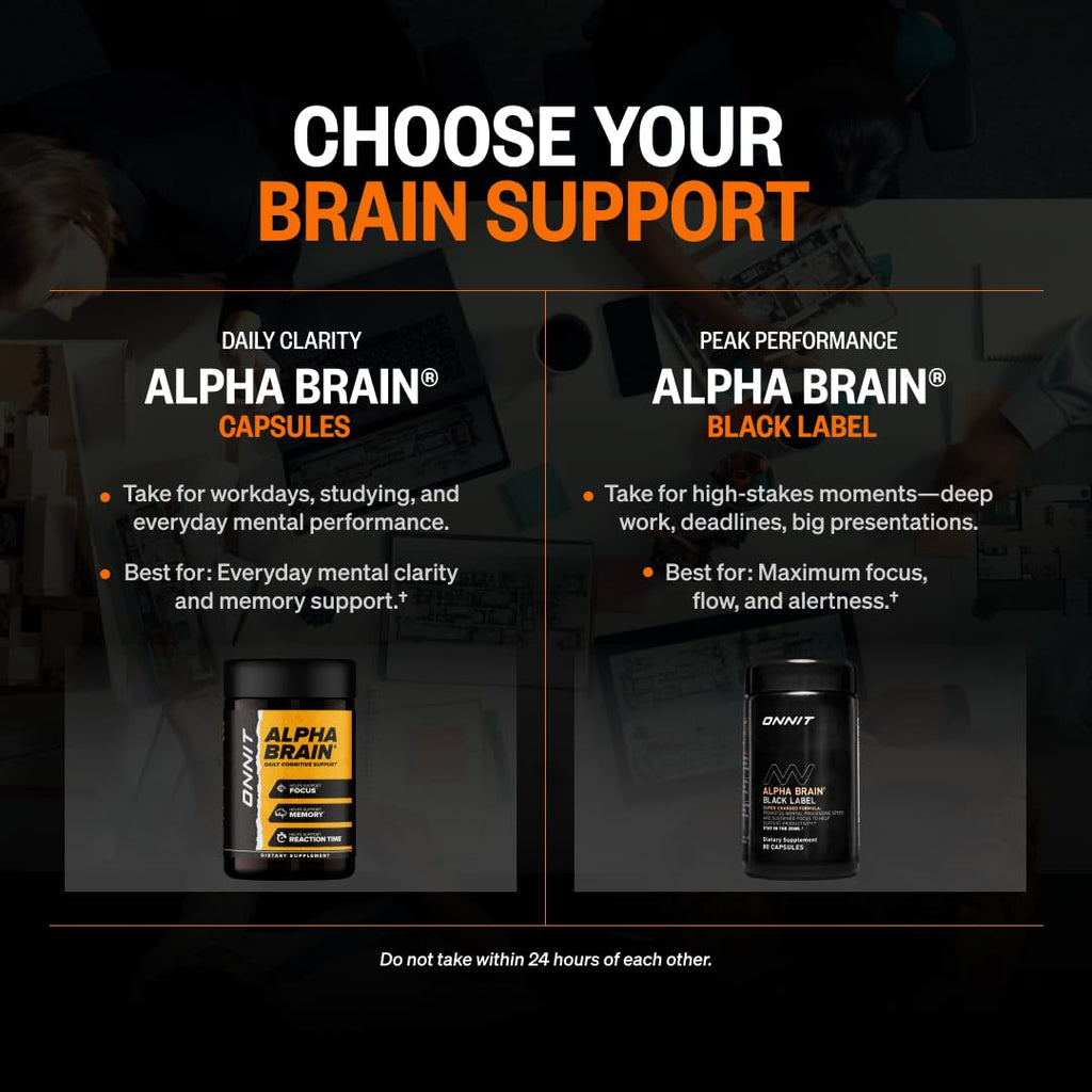 ONNIT Alpha Brain Black Label Capsules, IGEN Non-GMO Tested Citicoline Brain Supplement for Concentration and Memory, Lion’s Mane, Lutemax Lutein, L Theanine and Mucuna Pruriens, 80 Count
