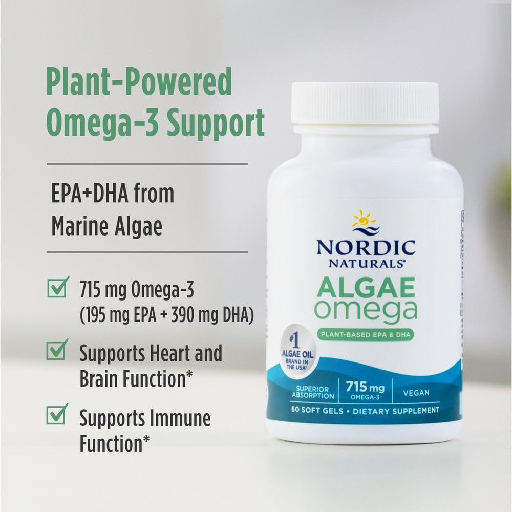 Nordic Naturals Algae Omega - 60 Soft Gels - 715 mg Omega-3 - Certified Vegan Algae Oil - Plant-Based EPA & DHA - Heart, Eye, Immune & Brain Health - Non-GMO - 30 Servings