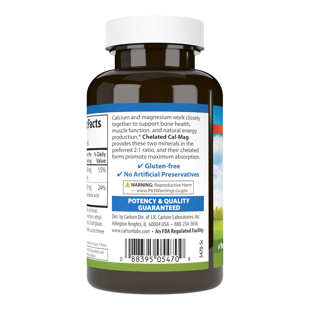 Carlson Chelated Cal-Mag, 2:1 Calcium to Magnesium Ratio, 60 tablets