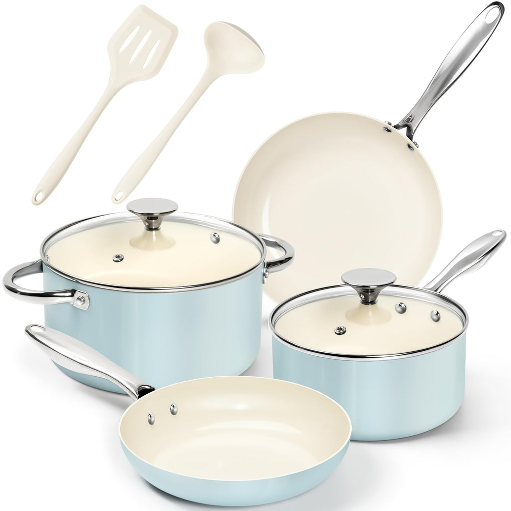 MICHELANGELO Pots and Pans Set Non Stick, 8-Piece Ti-infused Ceramic Cookware Set with Silicone Utensils - Induction Compatible, Oven Safe, PFOA-Free, Blue