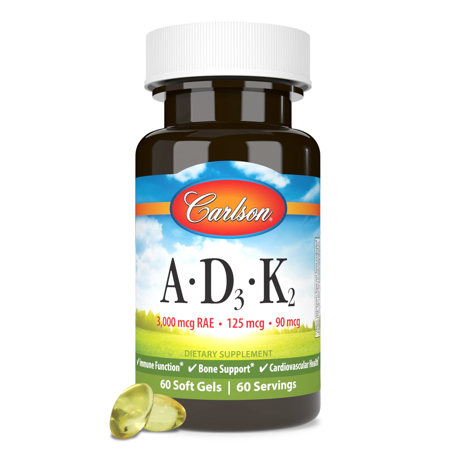 Carlson Vitamins A, D3, K2, 60 Soft Gels