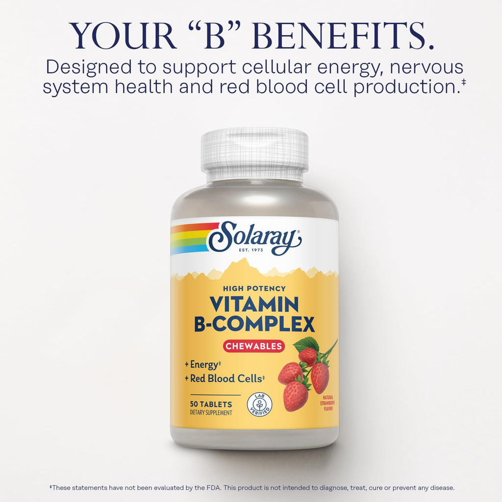 SOLARAY Vitamin B-Complex Chewables, Strawberry, Healthy Energy, Red Blood Cell, Stress & Metabolism Support, 50 Tablets