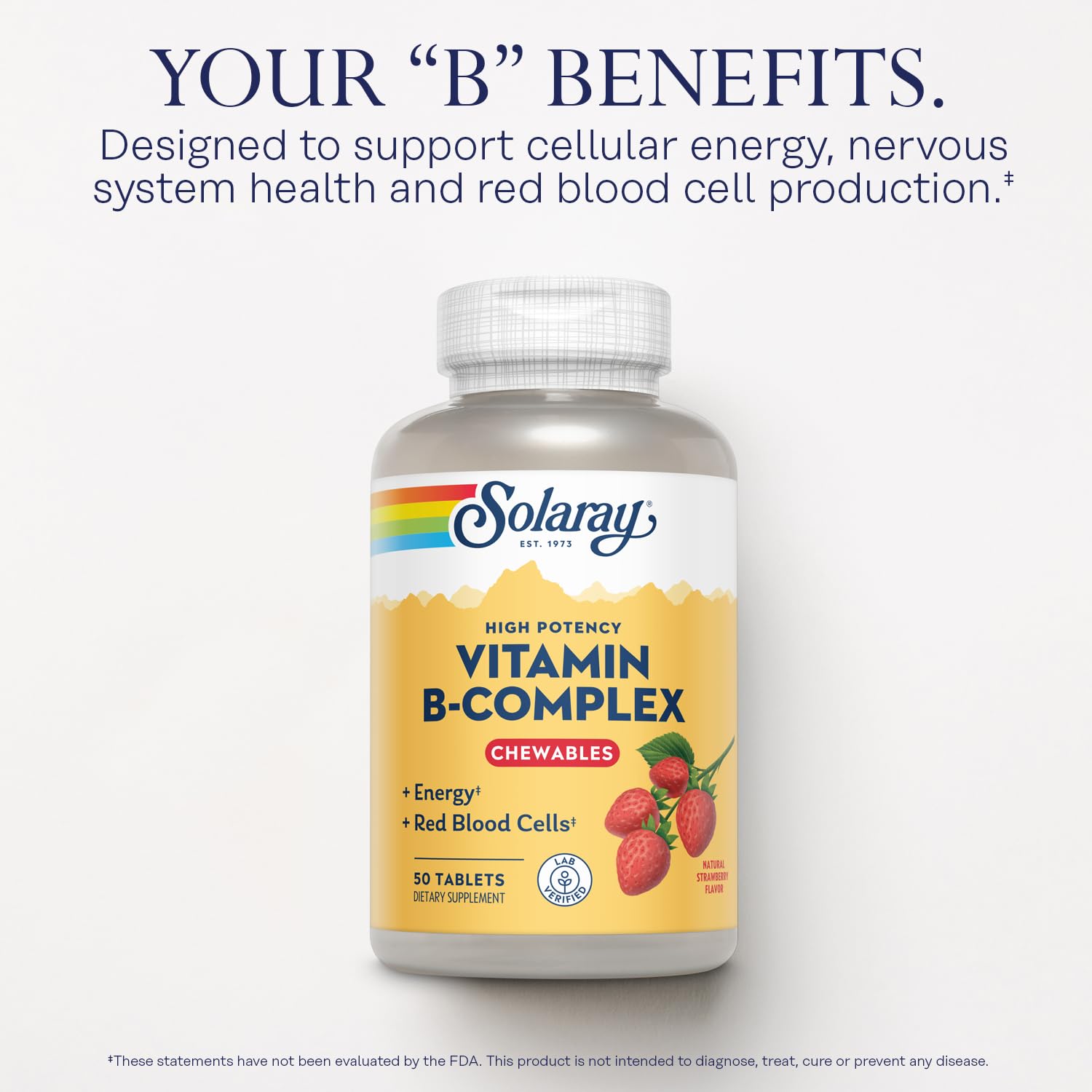 SOLARAY Vitamin B-Complex Chewables, Strawberry, Healthy Energy, Red Blood Cell, Stress & Metabolism Support, 50 Tablets