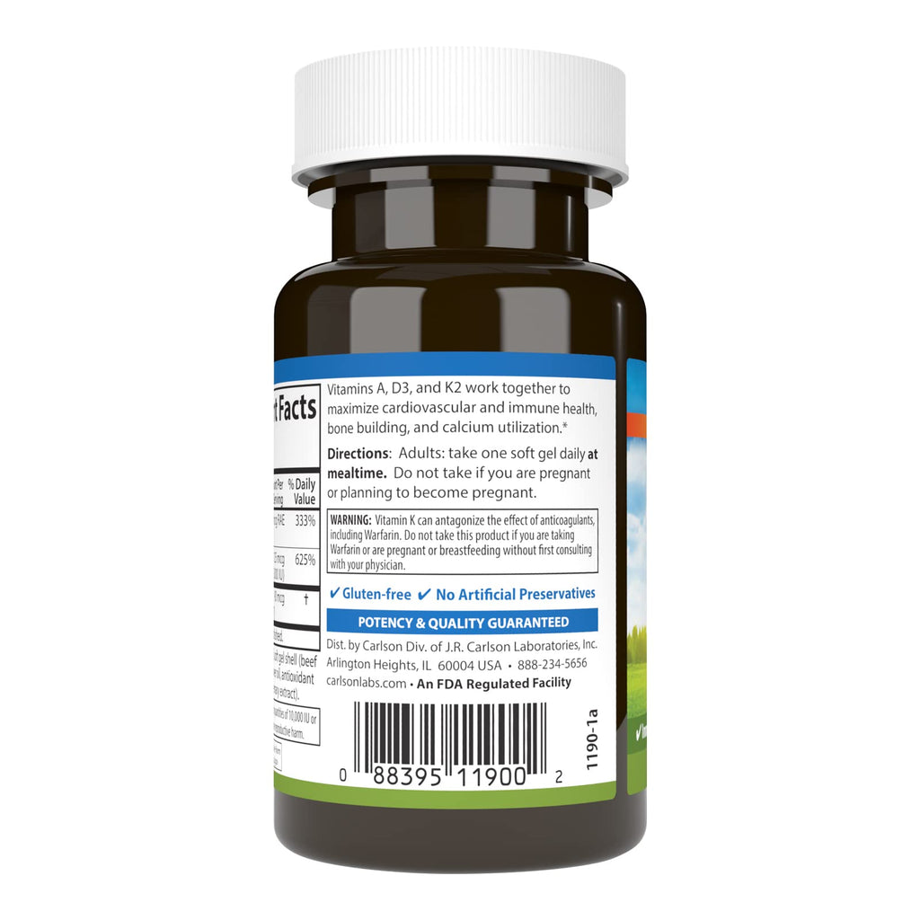 Carlson Vitamins A, D3, K2, 60 Soft Gels