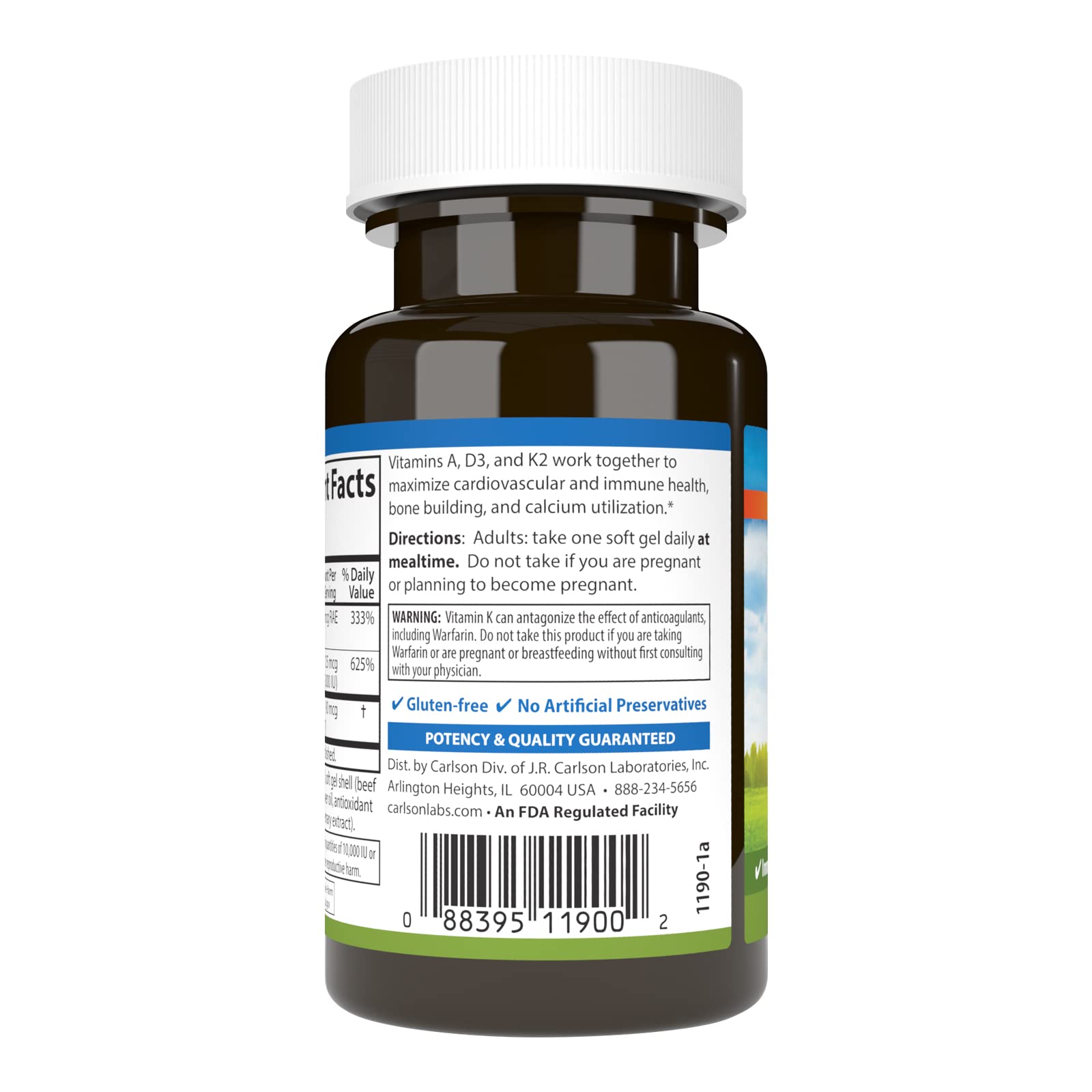 Carlson Vitamins A, D3, K2, 60 Soft Gels