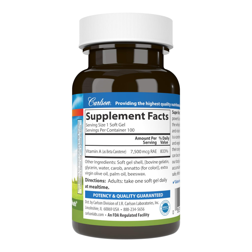 Carlson Super Beta Carotene, 25000 IU (15 mg), Vision Health, 100 Softgels