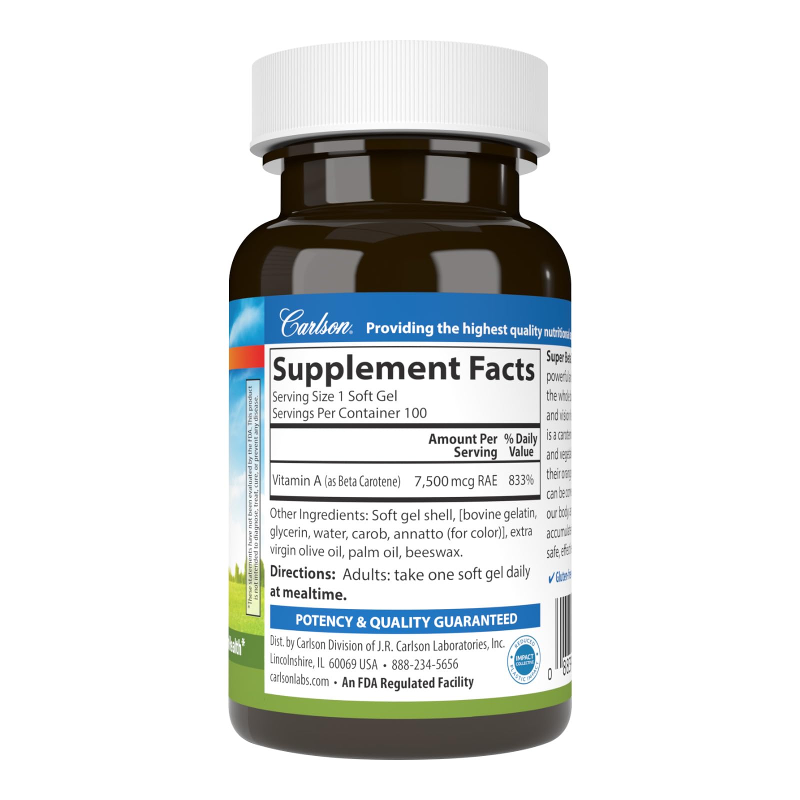 Carlson Super Beta Carotene, 25000 IU (15 mg), Vision Health, 100 Softgels