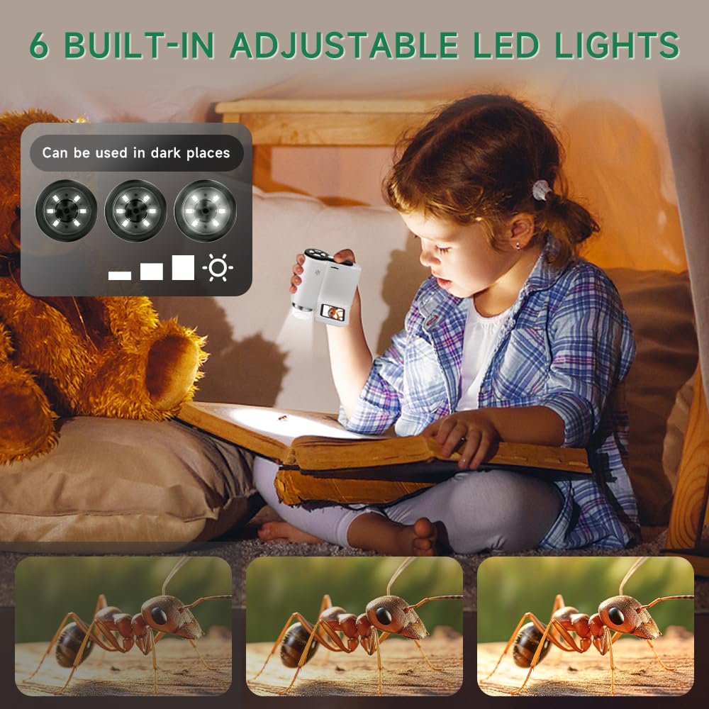 Microscope for Kids, [3-in-1] 1000X Handheld Mini Scope with 2" LCD Screen, Portable Miniscope for Kids 8-12 Halloween Christmas Birthday Edu Gifts, 32GB TF Card Included