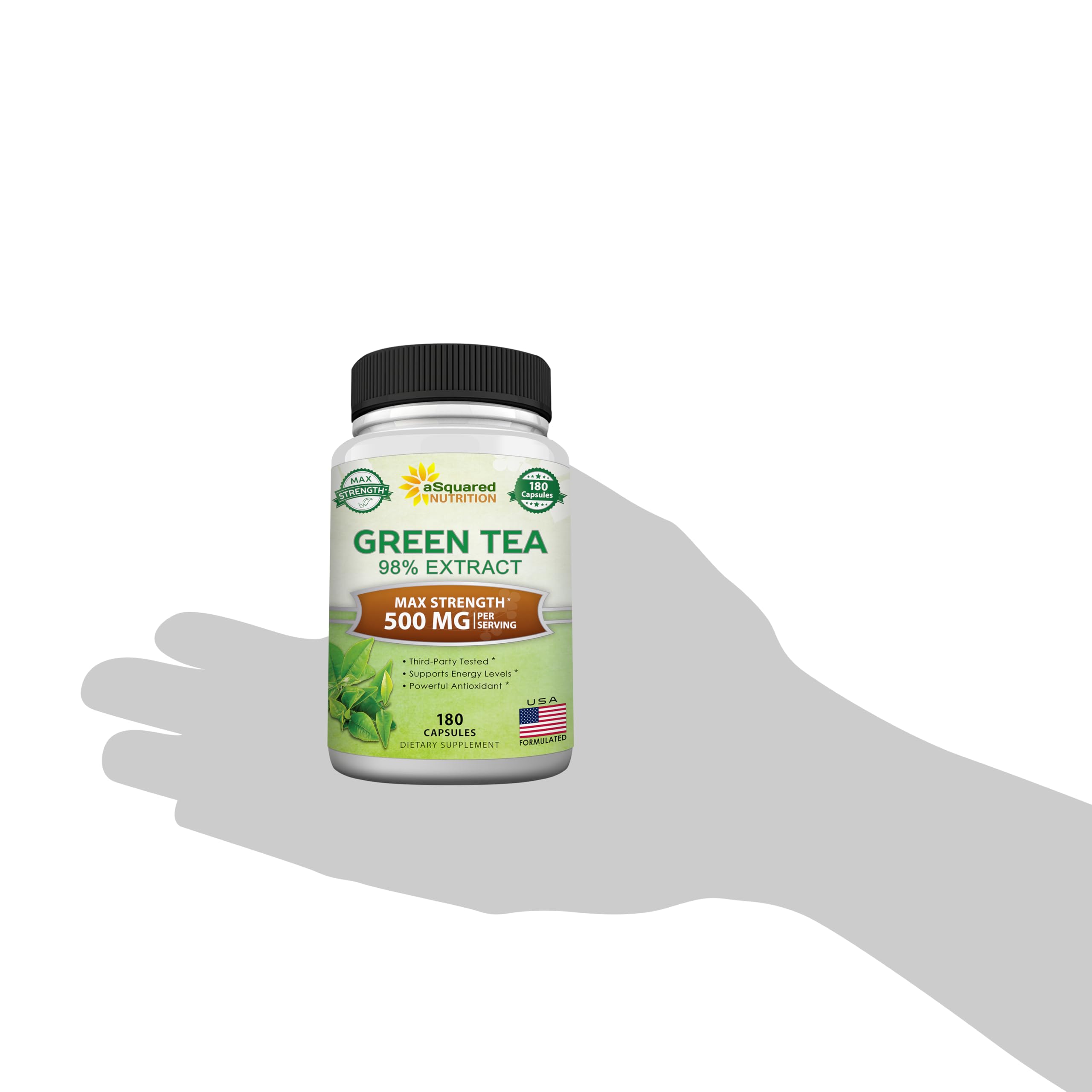 aSquared Nutrition Green Tea Extract with EGCG – 180 Capsules – 500mg per Capsule – 75% Polyphenols, 45% EGCG – Antioxidant Support, Heart Health, Natural Detox – Low Caffeine Supplement