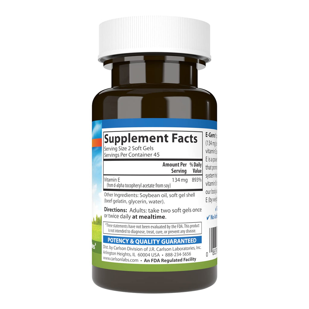 Carlson E-Gems 200 IU (134 mg), Natural-Source Vitamin E, 90 Soft Gels