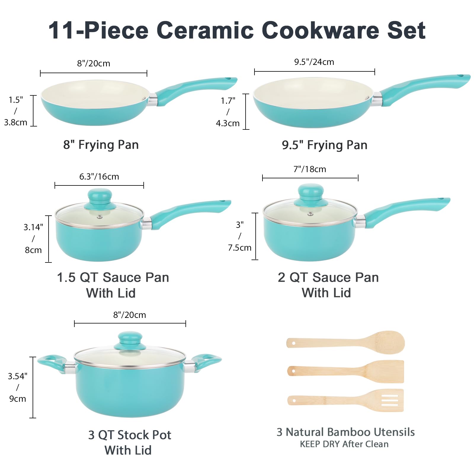 M MELENTA Pots and Pans Set Non Stick, 11pcs Turquoise Ceramic Cookware Set