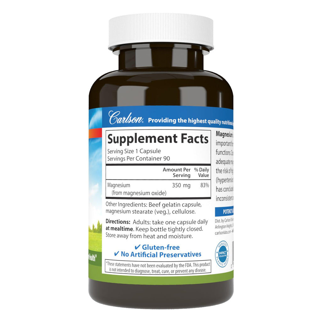 Carlson Magnesium, 350 mg, Circulation Support, Nerve Health, 90 Capsules