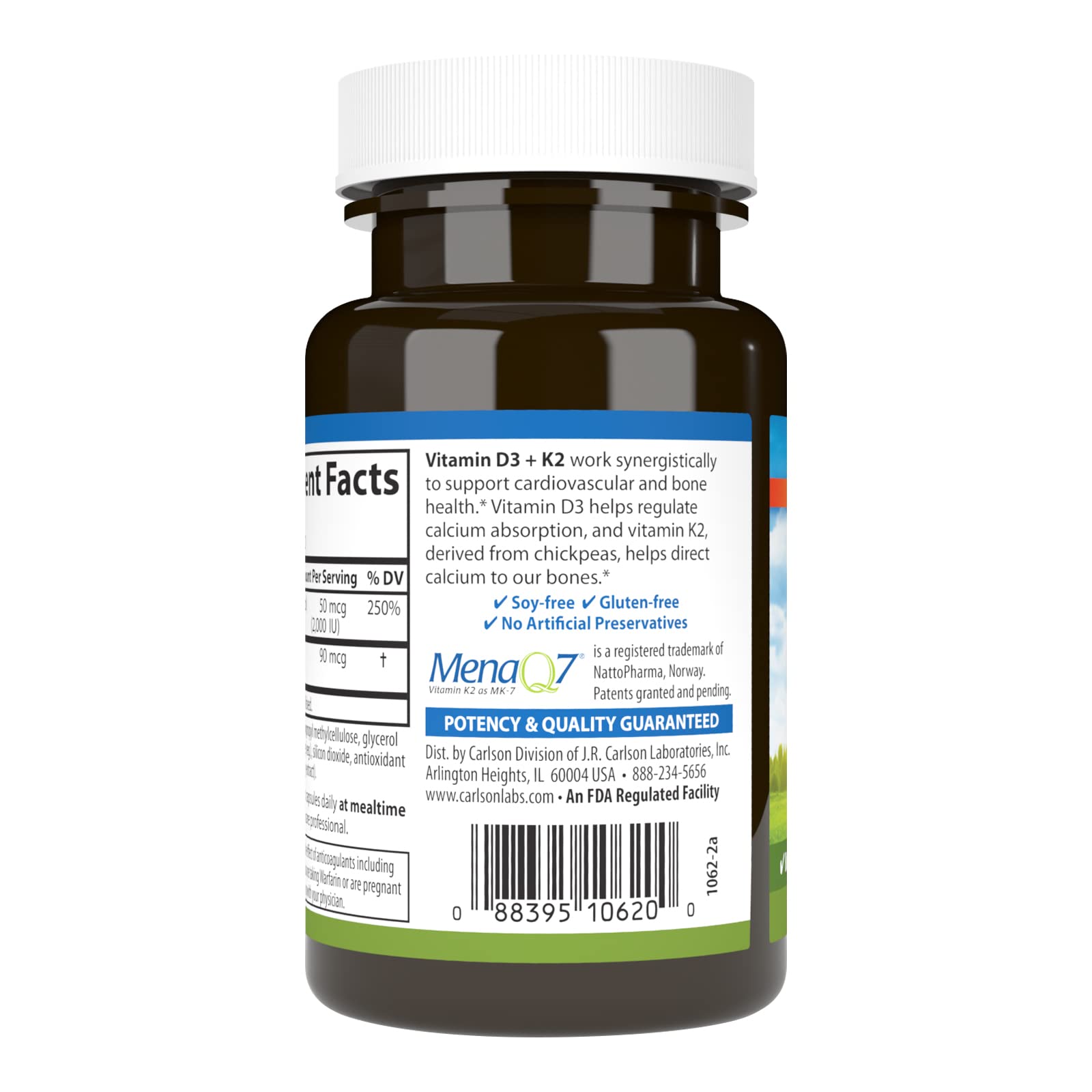 Carlson Vitamin D3 + K2, 50 mcg (2000 IU), Bone Support, 120 Capsules