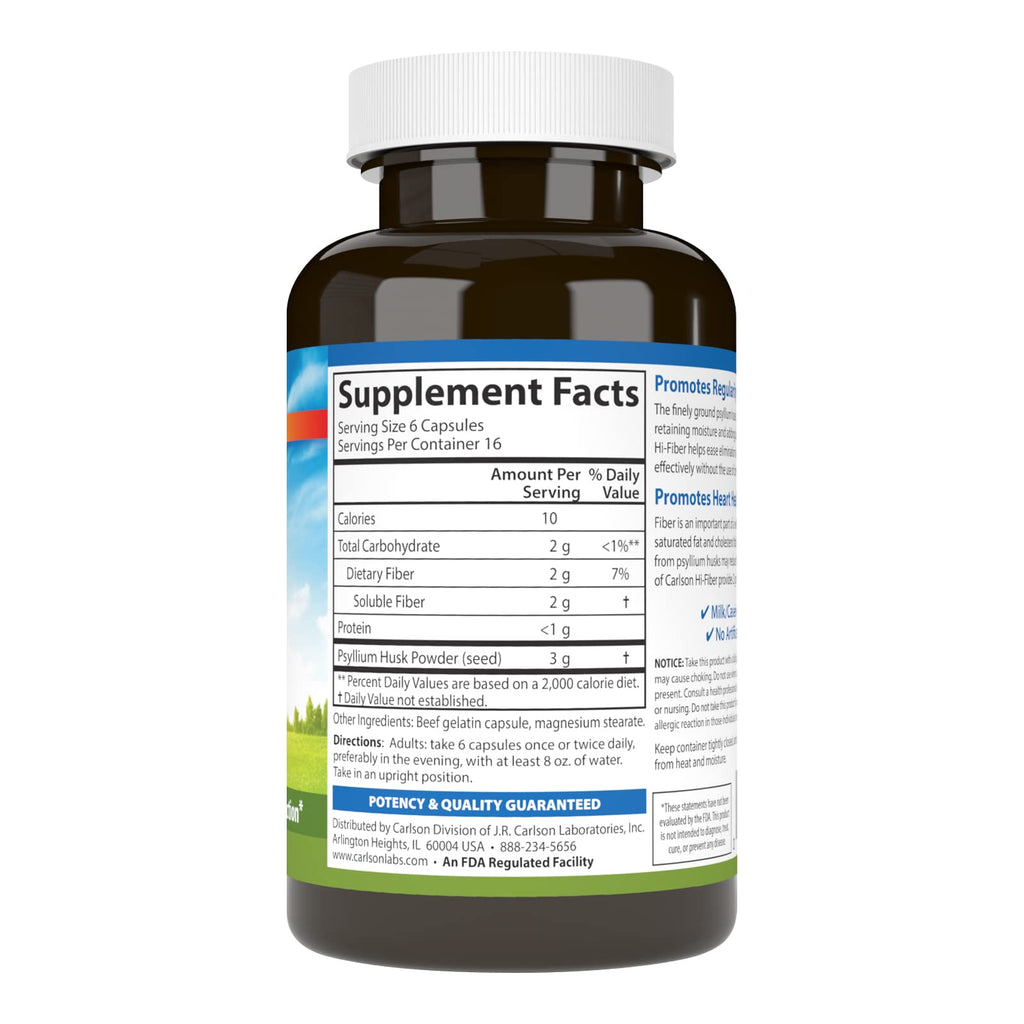 Carlson Hi-Fiber, 3 g, Psyllium Husk Capsules, Regularity, 100 Capsules