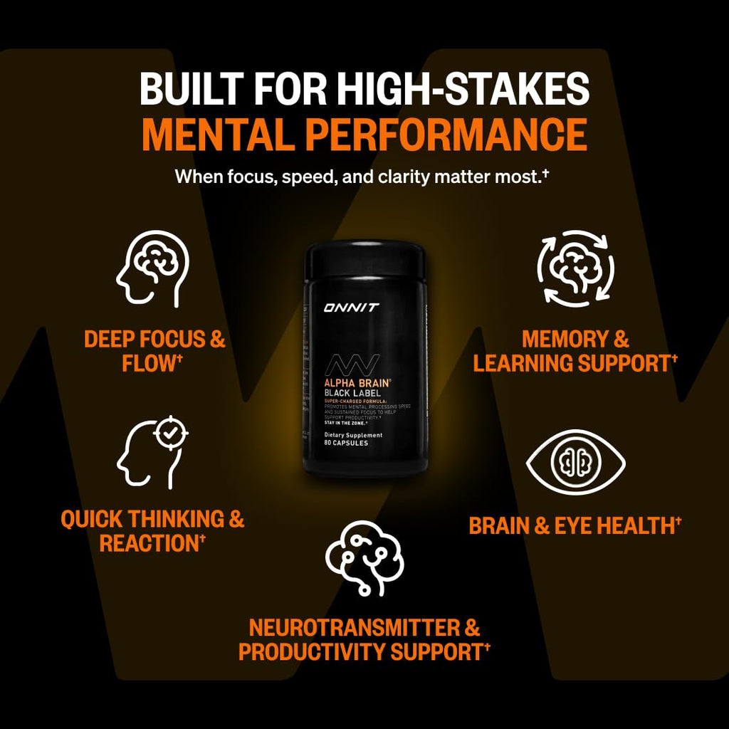 ONNIT Alpha Brain Black Label Capsules, IGEN Non-GMO Tested Citicoline Brain Supplement for Concentration and Memory, Lion’s Mane, Lutemax Lutein, L Theanine and Mucuna Pruriens, 80 Count